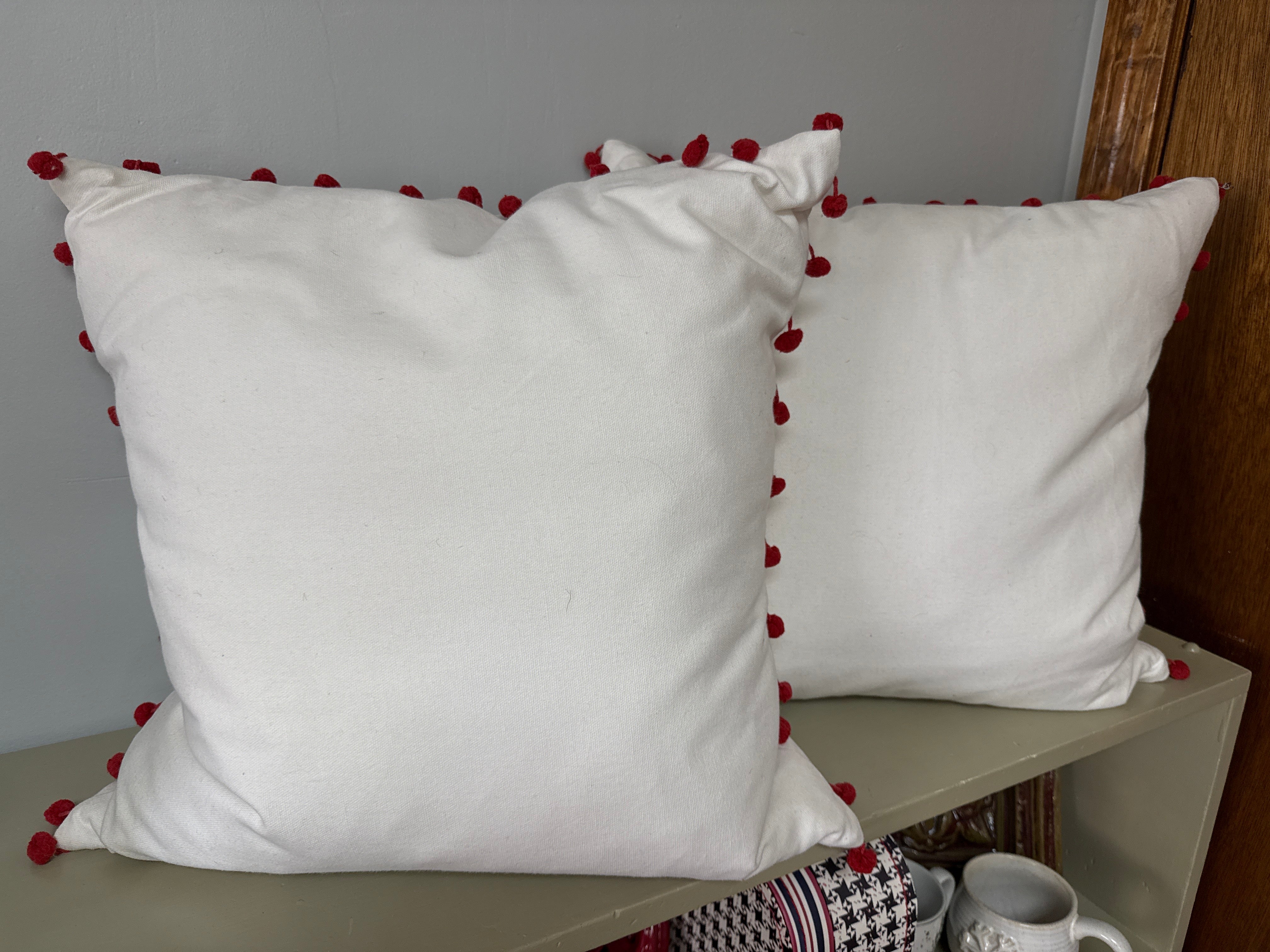 White & Red Pom Pom Pillow
