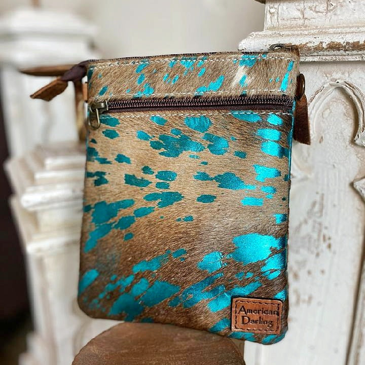 Brown + Turquoise Crossbody Cowhide