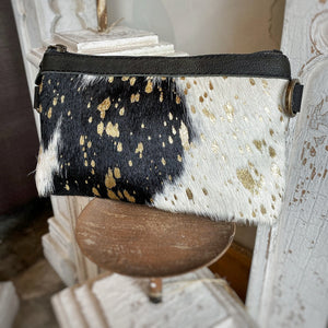 White, Black, Gold Cowhide Clutch