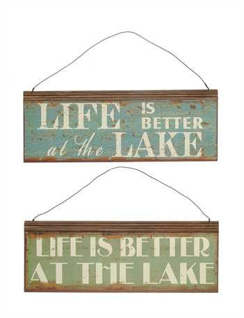 12-3/4"L x 4-3/4"H Tin "Life Is Better At The Lake" Sign, 2 Styles