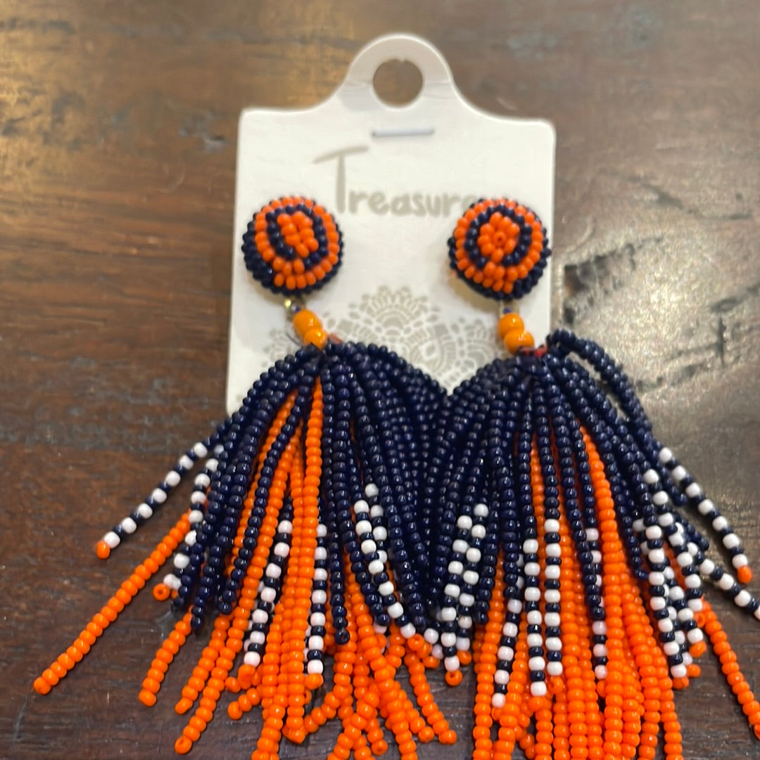 Navy and Orange Bead Tassel Earrings