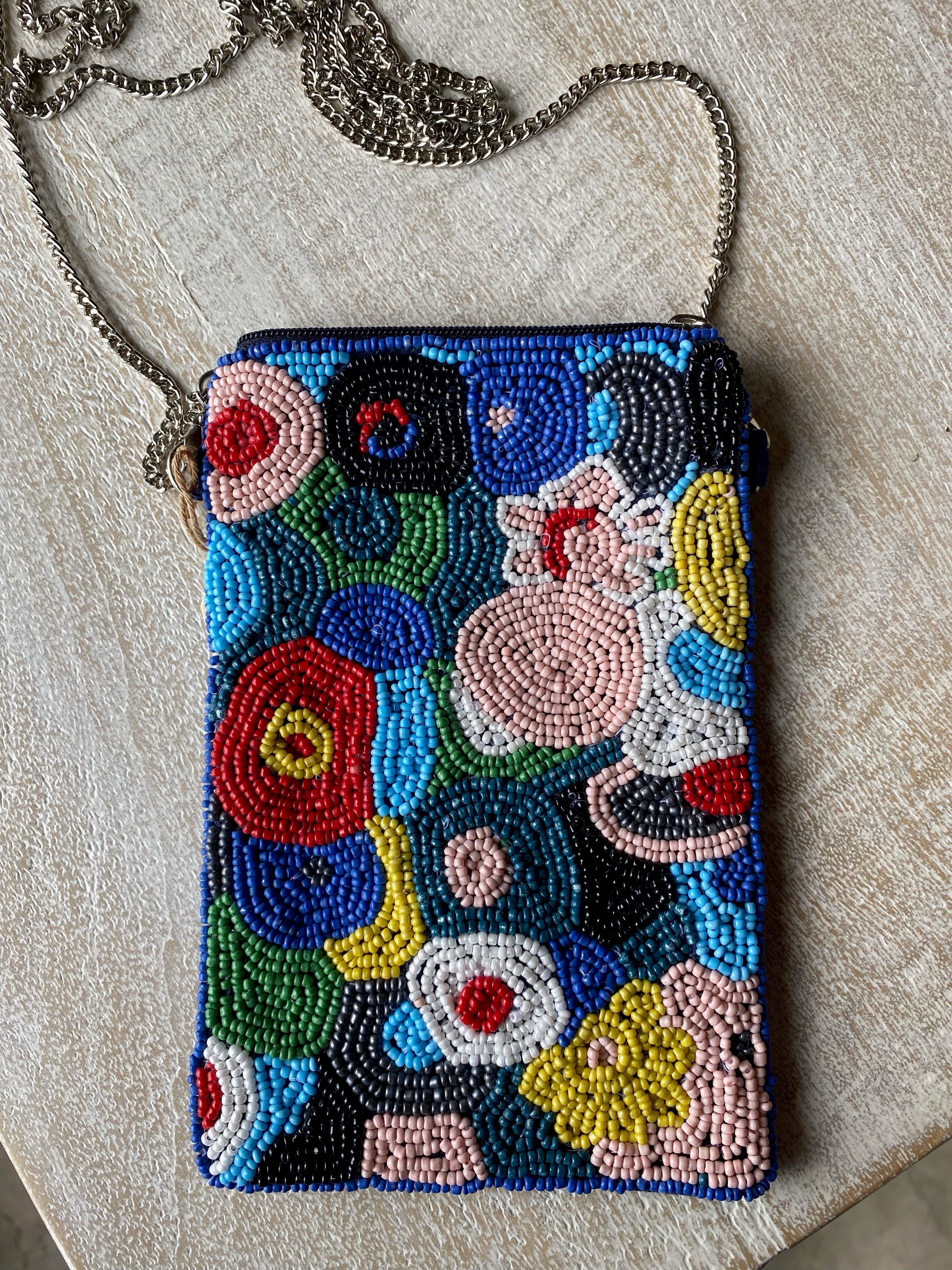 Beaded Cellphone Crossbody-Blue Floral