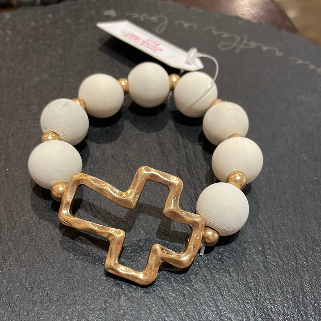 Gold Cross White Ball Bracelet