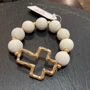 Gold Cross White Ball Bracelet