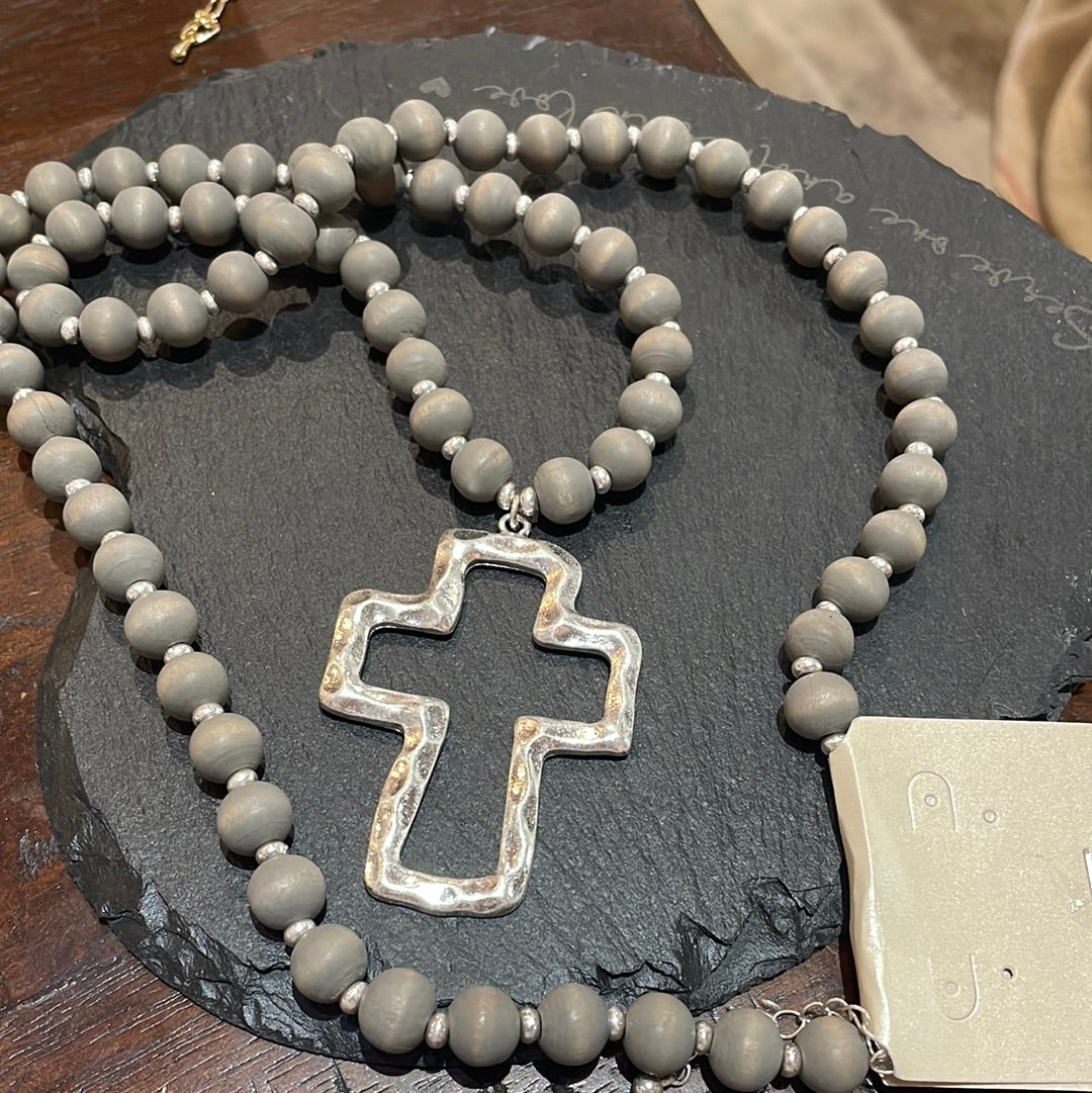 Cross + Wood Bead Necklace