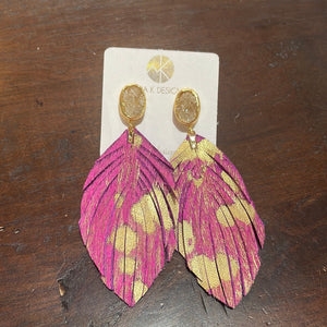 Stone Stud Pink Feather Earrings
