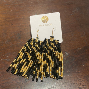 Black and Gold Beaded Fringe Earrings