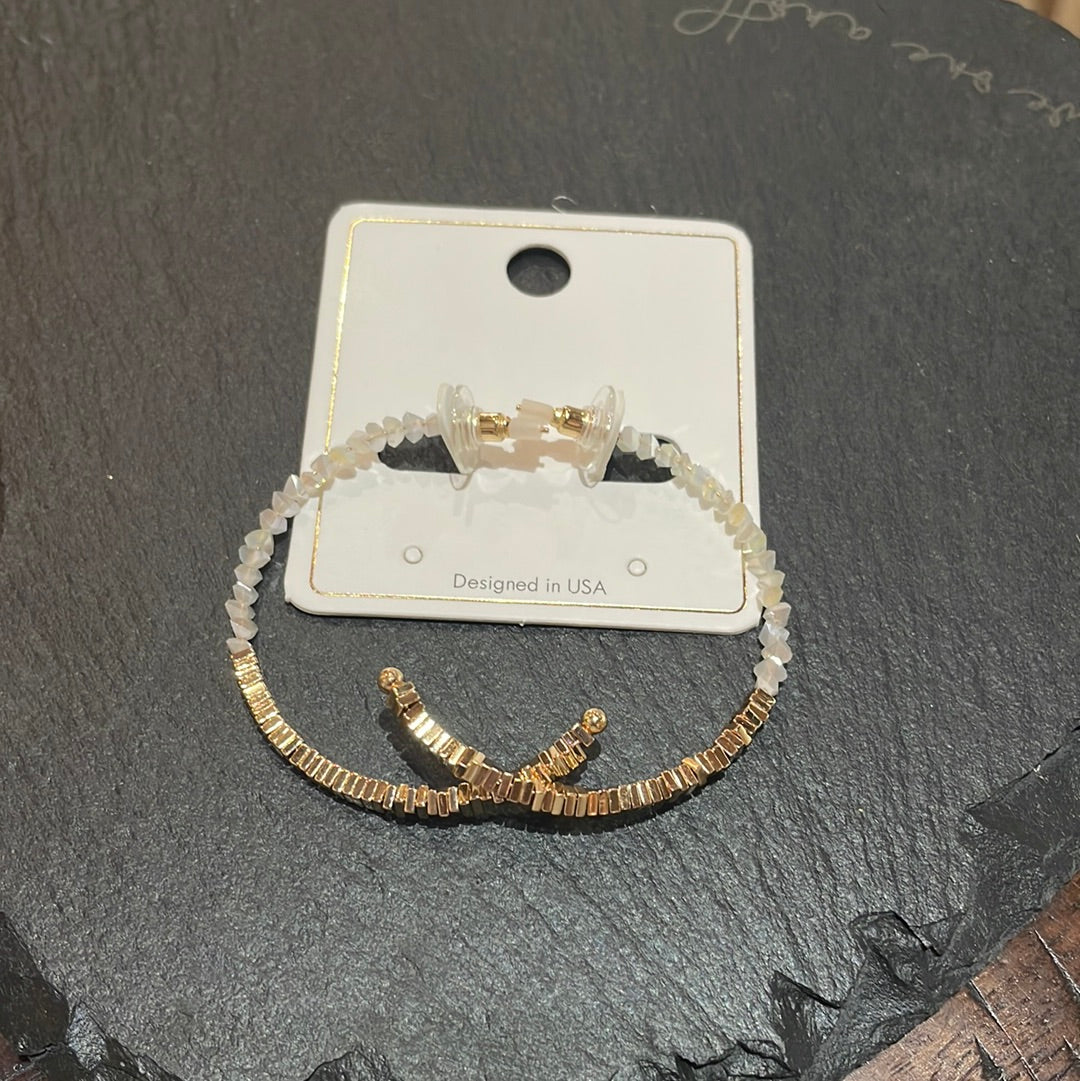 White + Gold Bead Hoop Earrings