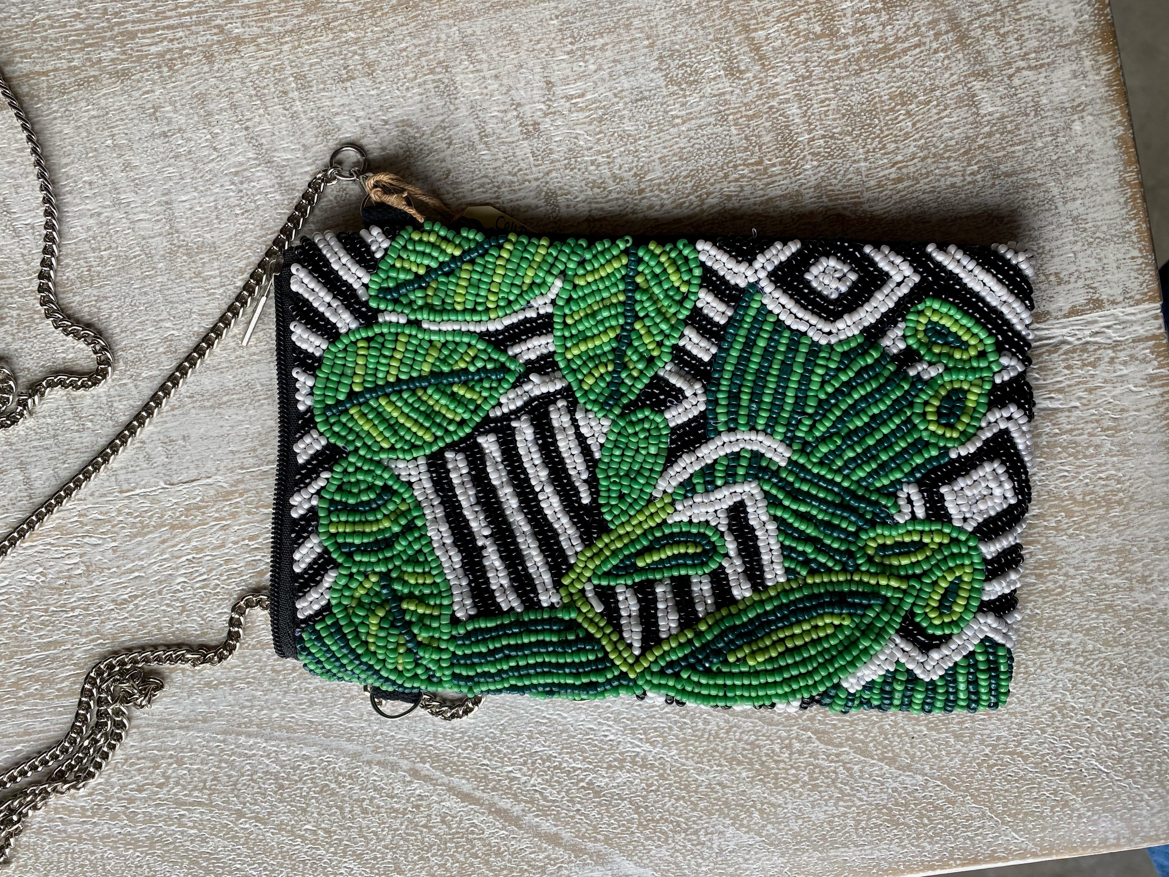 Beaded Cellphone Crossbody -Green Leaf