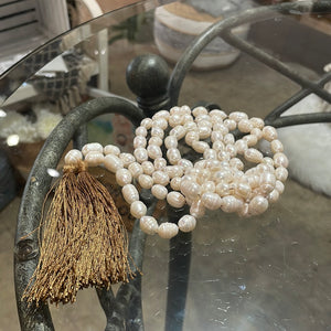 Long Pearl Necklace with Bronze Tassells